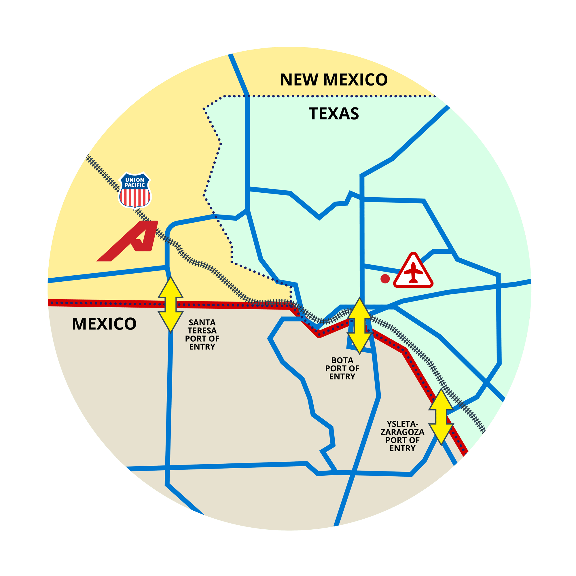 Santa Teresa New Mexico FTZ Warehouse Map showing vacinity to UP Rail and crossborder entrances Santa Teresa New Mexico FTZ Warehouse Map showing vacinity to UP Rail and crossborder entrances
